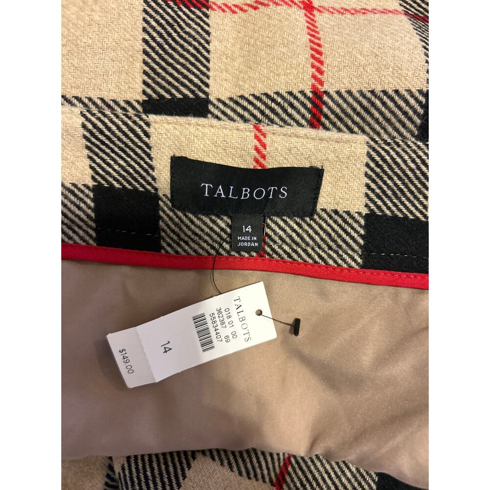 Talbots |  Wool Blend Tan Plaid Faux Wrap Midi Skirt with Fringe | 14 - Picture 10 of 10